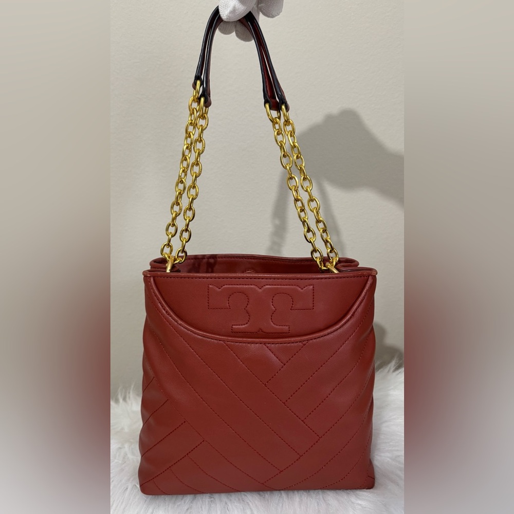 RARE Tory Burch Small Alexa Convertible Tote Bag Quilted Lambskin Rust Gold EUC - Picture 5 of 15